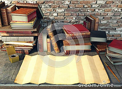 Old paper and ancient books on study table in medieval scene Stock Photo