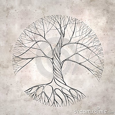 Old paper background with line drawing of a twisted old tree Stock Photo