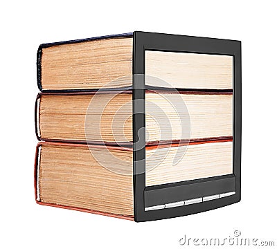 Old paper books stack on electronic book display white background isolated close up, textbook heap on e-book screen, digital libry Stock Photo