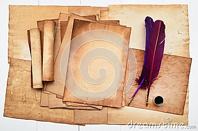 Old paper with feather and ink Stock Photo