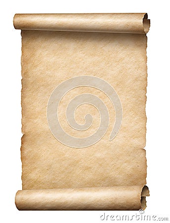 Old paper manusript scroll isolated on white vertically oriented Stock Photo