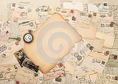 Old paper piece, antique accessories and postcards. Sentimental Stock Photo