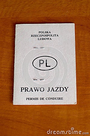 Old paper Polish People`s Republic driver licence. Stock Photo