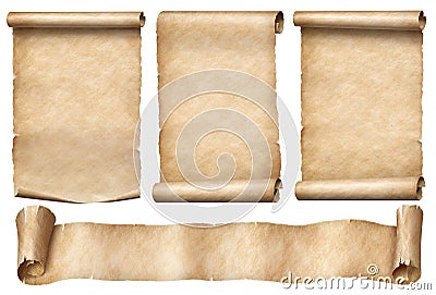 Old paper scrolls with ribbon banner set isolated Stock Photo