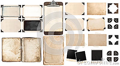 Old paper sheets, book, vintage photo frames and corners, antique clipboard Stock Photo