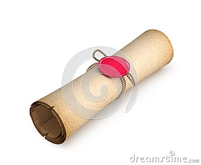 Old paper twisted into a roll and sealed seal isolated on white. 3d Cartoon Illustration