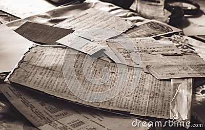 Old paper, military documents close-up in a monochrome Editorial Stock Photo