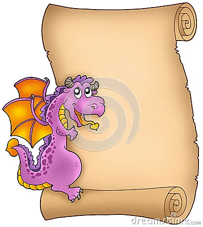 Old parchment with lurking dragon Cartoon Illustration