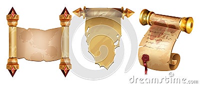 Old parchment paper scroll vector set, ancient papyrus document background kit, manuscript roll on white. Vector Illustration