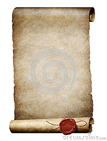 Old parhment scroll with wax royal seal Stock Photo