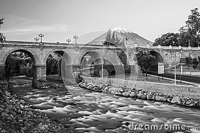 Old part of city of Arequipa and its volcano Misti and Chili river Stock Photo