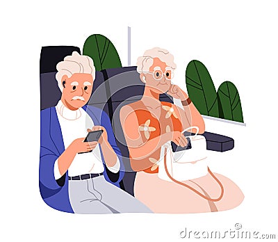 Old passengers with mobile phones during travel. Senior people, modern elderly man and woman sitting on seats, using Vector Illustration