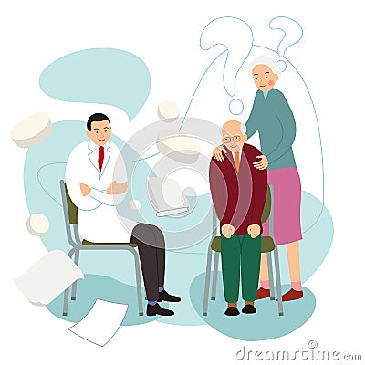 Old patients. Older people on visit to doctor. Professional consults man with sick heart and woman with sore head. Healthcare Vector Illustration