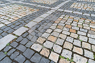 Old paving stones pattern, Texture of ancient german cobblestone in city downtown, Little granite tiles, Antique gray pavements Stock Photo