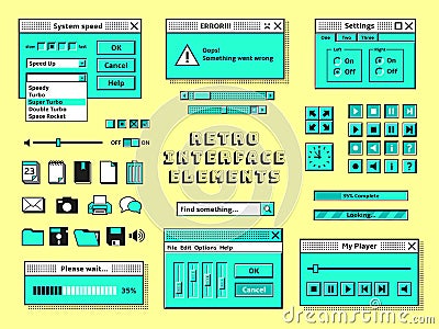 Old pc elements. 1990s technology, computer graphics interface console. Vintage internet bar style, retro 80s trendy Vector Illustration