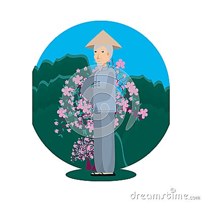 old peasant with chinese tree and landscape natural Cartoon Illustration