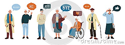 Old people with chat bubble. Cartoon senior male female characters with mobile phone browsing internet, grandfather grandmother Stock Photo