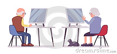 Old people with computer, elderly man, woman pc working Vector Illustration