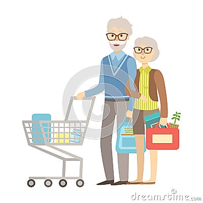 Old People Couple Shopping For Groceries In Supermarket, Illustration From Happy Loving Families Series Vector Illustration