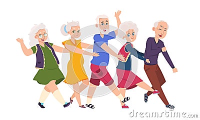 Old people dancing. Diverse elderly cartoon characters dancing a conga line, happy funny persons. Vector active Vector Illustration