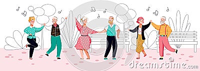 Old people dancing in park - cartoon senior couples doing dance moves Vector Illustration