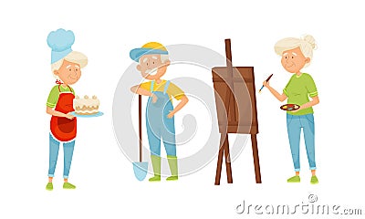 Old People Engaged in Different Activities Vector Set Vector Illustration
