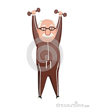Old people exercises. Healthy active lifestyle of older male. Elderly people doing morning gymnastic. Old man doing Vector Illustration