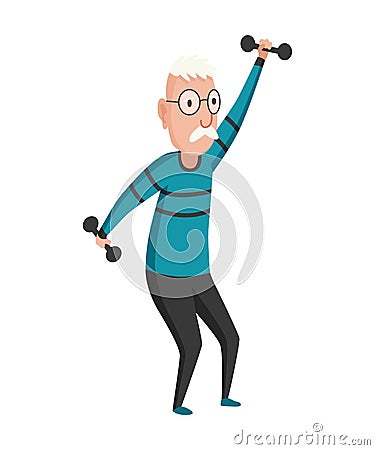 Old people exercises. Healthy active lifestyle of older male. Elderly people doing morning gymnastic. Old man doing Vector Illustration