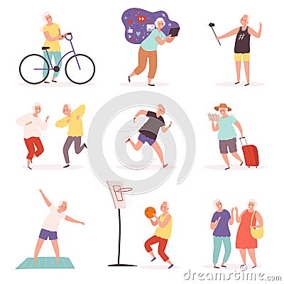 Old people with gadgets. Elderly lifestyle making selfie smartphone various activities vector cartoon set Vector Illustration