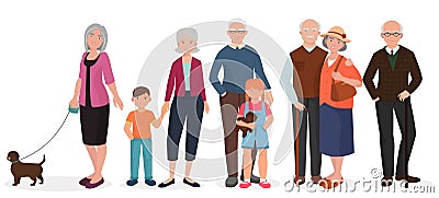 Old people grandparents couples set. Granny with kids and dog. Vector Illustration