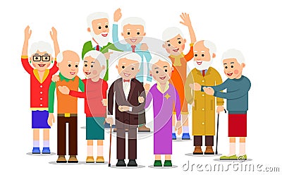 Old people group. Crowd older men and women. Cheerful senior people outdoors. Happy couple travel together. Smiling aged caucasian Vector Illustration