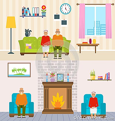 Old People Home Interior Background. Aged Characters, Household Furniture, Pension Vector Illustration