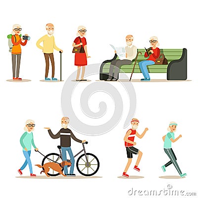 Old People Living Full Live And Enjoying Their Hobbies And Leisure Collection Of Smiling Elderly Cartoon Characters Vector Illustration