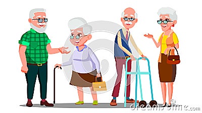 Old People Man, Woman Standing, Walking With Stick Vector. Senior Cartoon Person Set Vector. Isolated Cartoon Vector Illustration