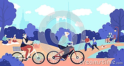 Old people in park. Active elderly, seniors walking dog on nature. Retired couple relax on picnic, fun hiking in city Cartoon Illustration