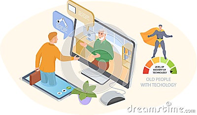 Old people play video game. Senior people with different gadgets. Oldster education on computer Vector Illustration