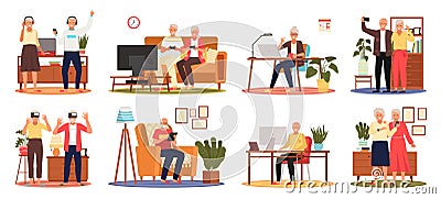 Old people play video game. Senior people with different gadgets. Oldster education on computer Vector Illustration