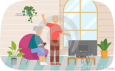 Old people playing video games. Seniors with gamepads play on console, deal with technology Vector Illustration