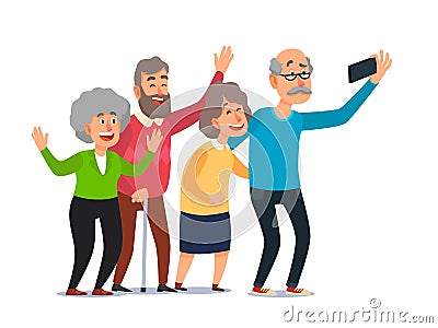 Old people selfie. Senior people taking smartphone photo, happy laughing group of seniors cartoon illustration Vector Illustration