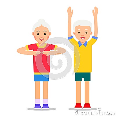 Old people and sports. Grandparents perform health gymnastics. S Vector Illustration