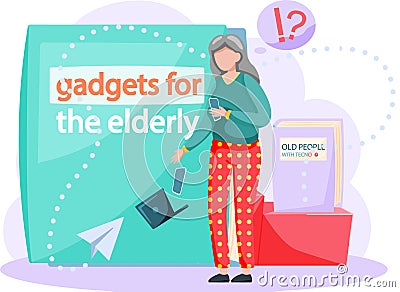 Old people with technology, woman with laptop learn to work with computer, gadgets for elderly Vector Illustration