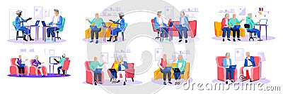 Old people try to use phone, game console, computer, tablet and laptop, learn new technologies Vector Illustration