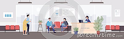 Old people visit hospital reception vector illustration, cartoon flat patient people in protective mask visiting Vector Illustration