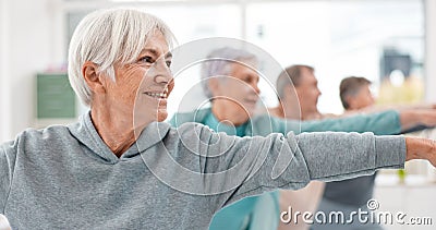 Old people in yoga class, fitness and stretching with happiness, wellness and retirement. Health, exercise and warm up Stock Photo
