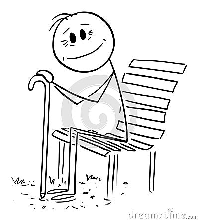 Old Person Sitting on Park Bench and Smiling , Vector Cartoon Stick Figure Illustration Vector Illustration