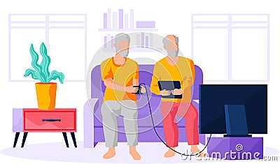Old person sitting and playing video games with friend. Elderly people use computer and technology Stock Photo