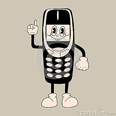 Old phone. Cute cartoon character with hands, legs, eyes. Retro comic style. Vector Illustration