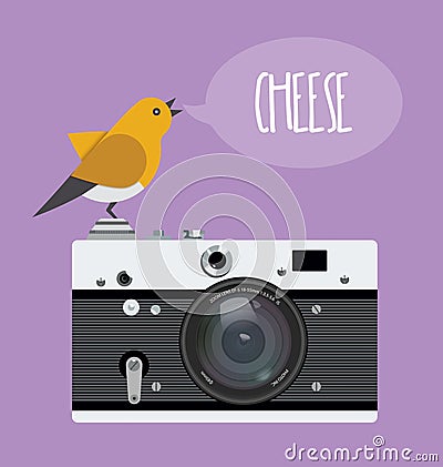 Old photo camera with realistic lens and cartoon bird, text bubble cheese. Vector illustration, flat style Vector Illustration