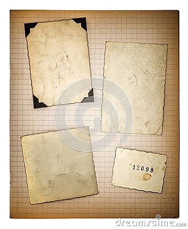 Old photo frames and mathe book page. aged paper Stock Photo