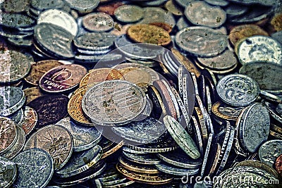 Old photo with old coins Stock Photo